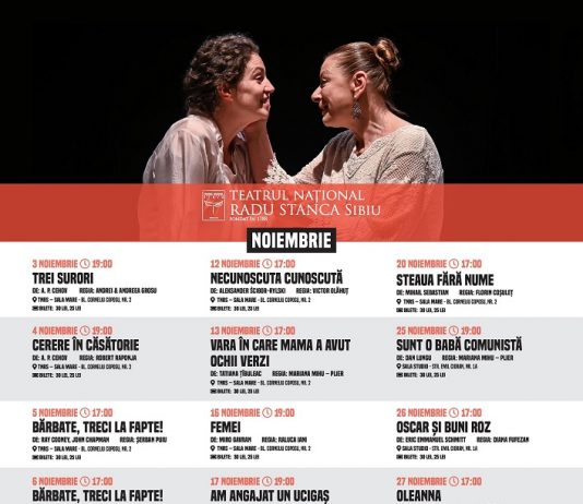 În noiembrie la Teatrul Național „Radu Stanca” Sibiu, sâmbăta și duminica, reprezentațiile încep la ora 17.00